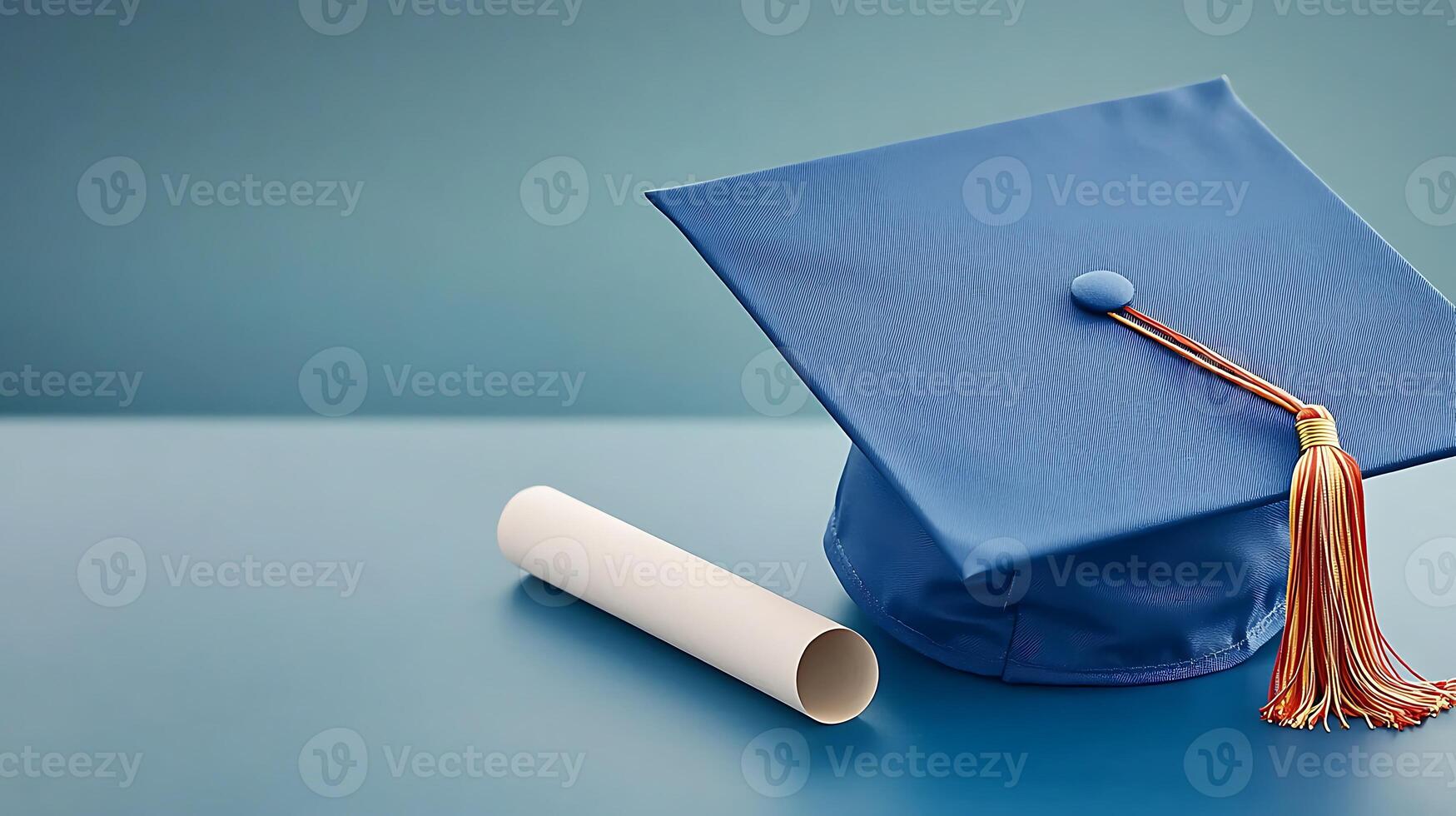 Blue graduation cap with tassel and rolled diploma on a smooth blue background photo
