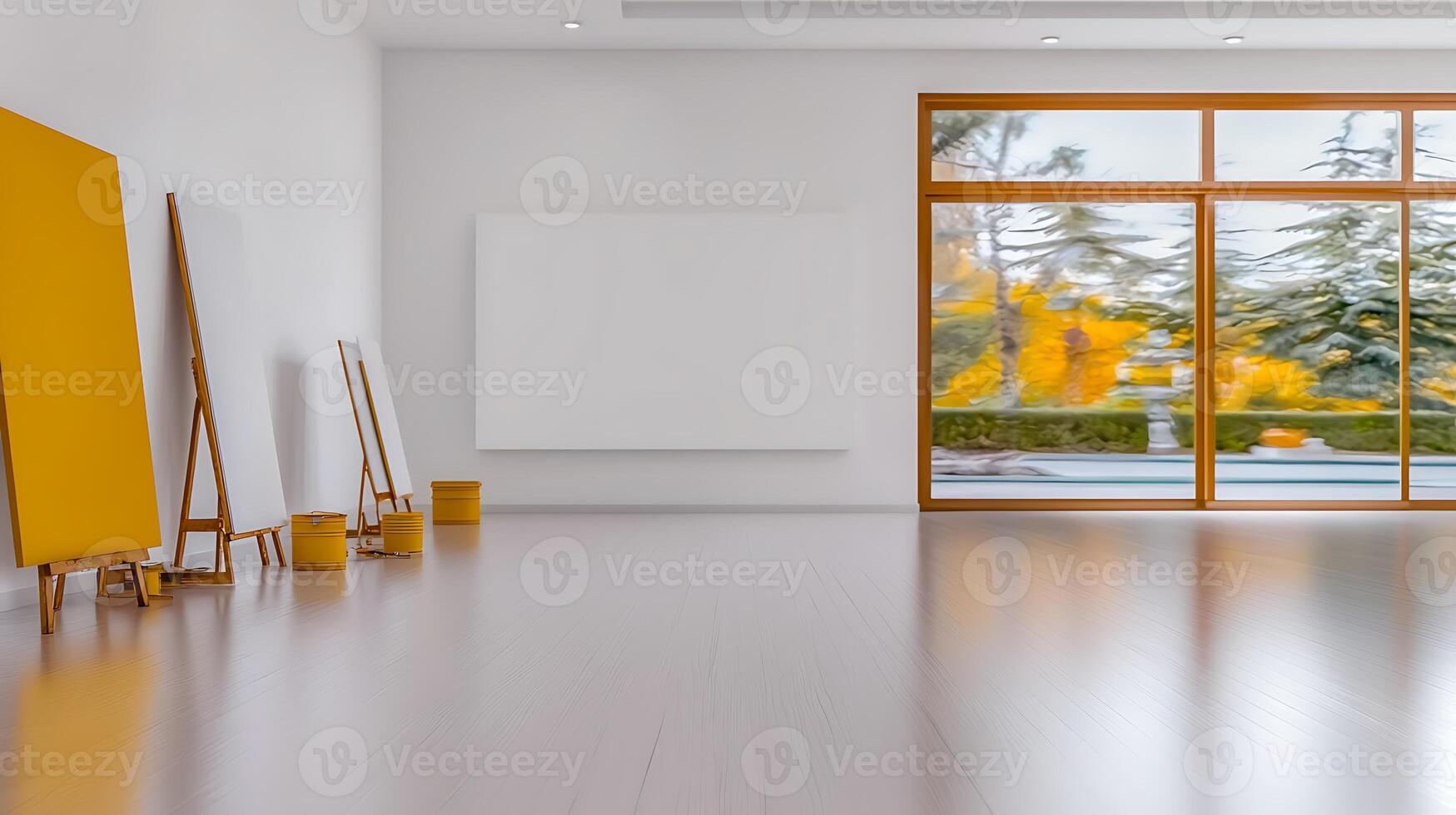 Bright and airy art studio with easels and a large window showcasing a vibrant garden view photo