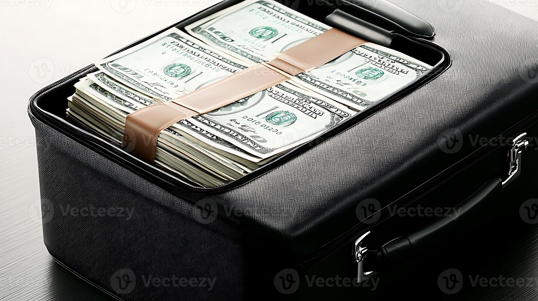 Briefcase filled with cash on a sleek table, showcasing wealth and financial security photo