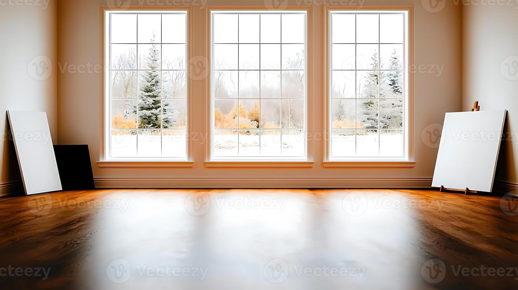Bright and spacious interior with large windows showcasing a winter landscape outside photo