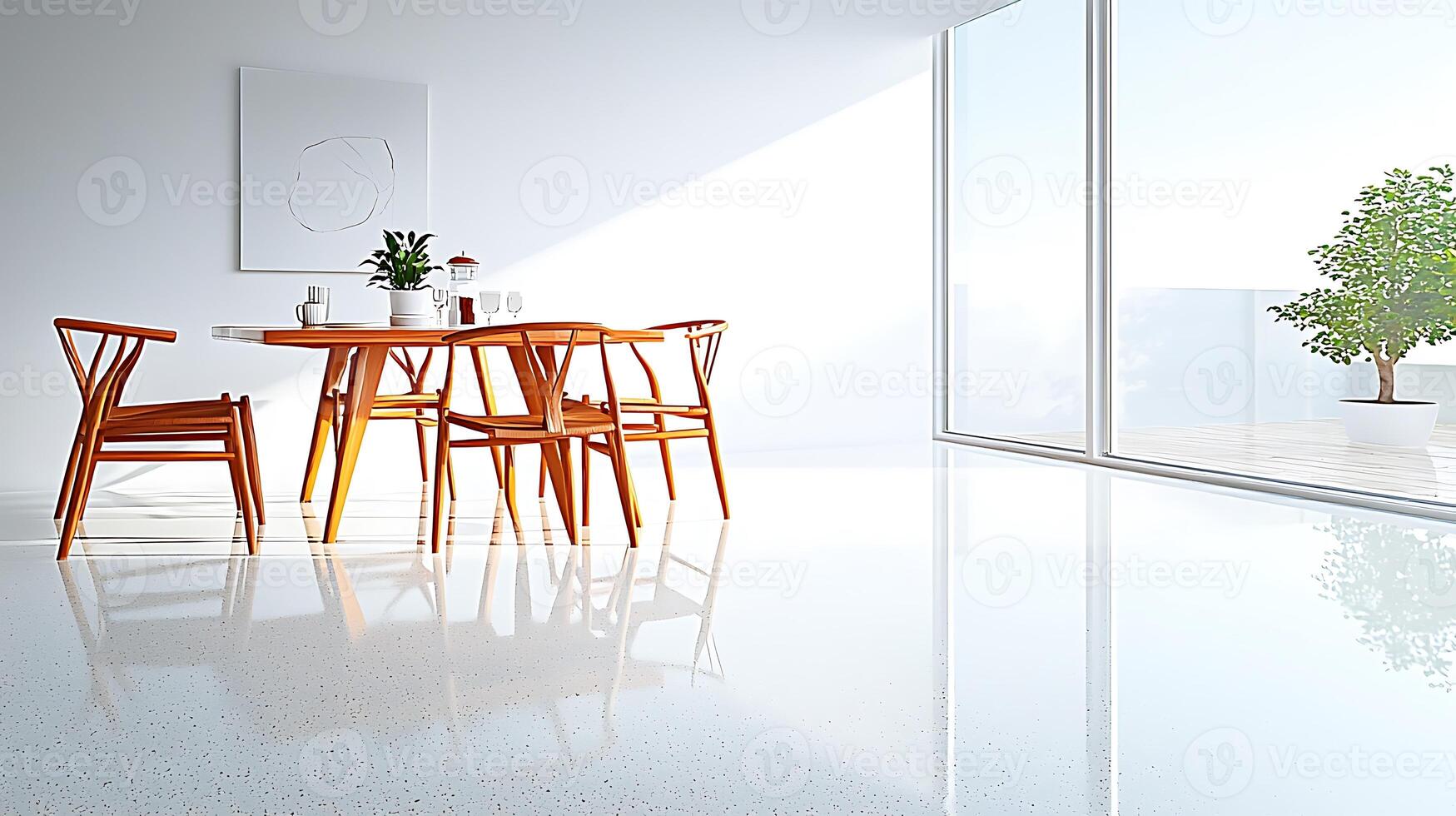 Bright, modern dining area with wooden furniture, sunlight streaming through large windows, and greenery photo