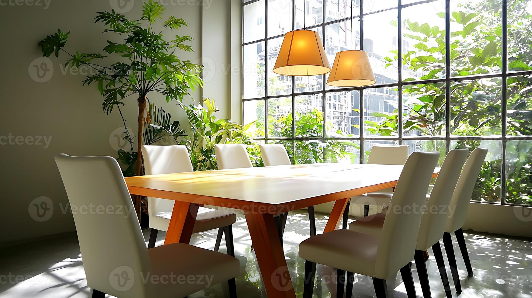 Bright modern dining area with wooden table and white chairs, surrounded by greenery and large windows photo