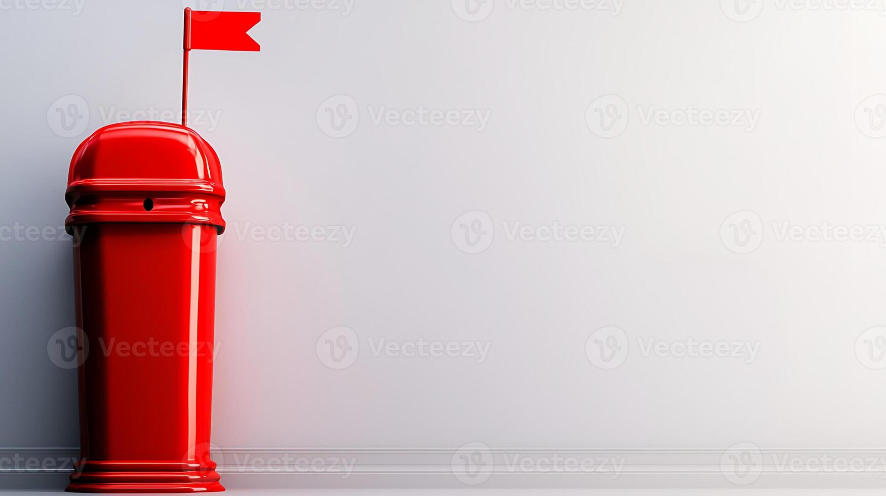 Bright red mailbox with a flag against a minimalist background, symbolizing communication and postal services photo