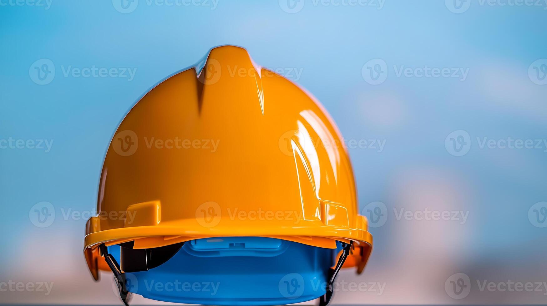 Bright yellow construction helmet against a blurred urban background, symbolizing safety in industry photo