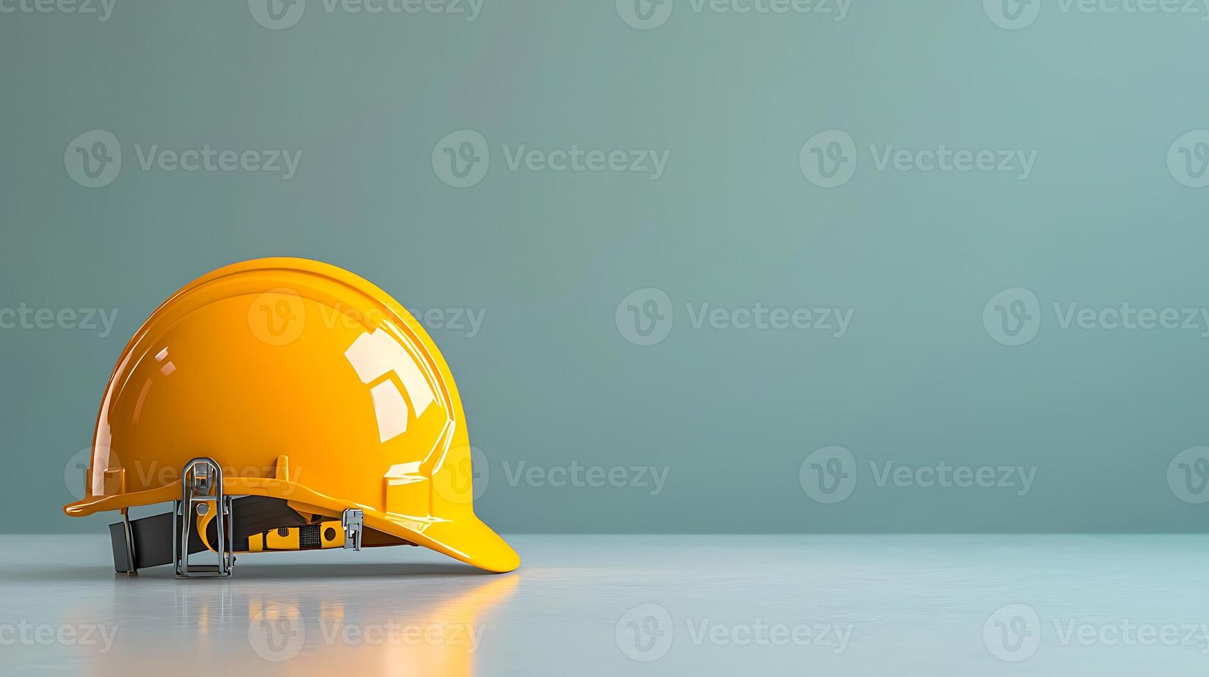 Bright yellow hard hat resting on a smooth surface with a minimalistic background photo