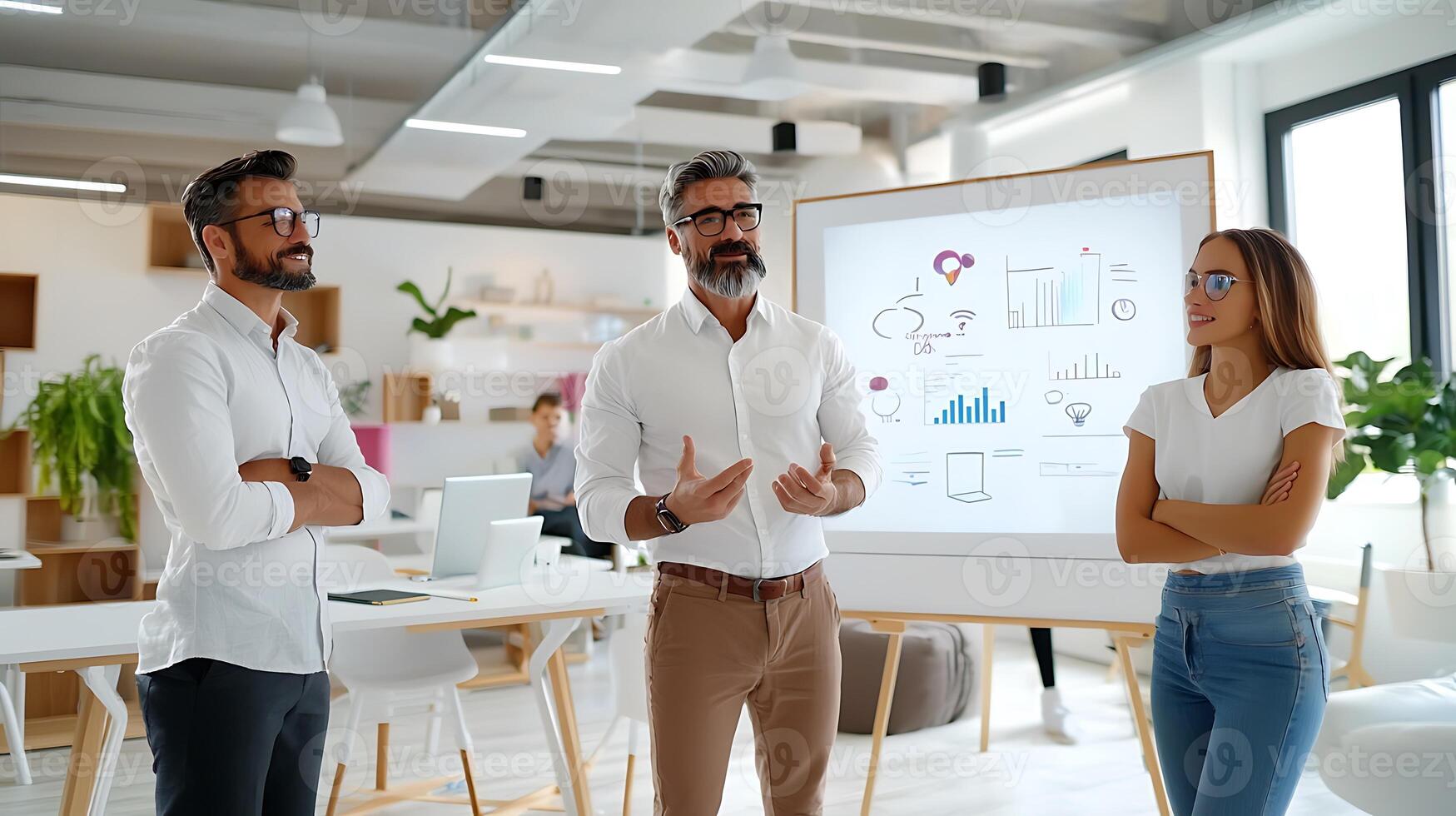 Business meeting in a modern office, discussing data trends with visual presentations in background photo