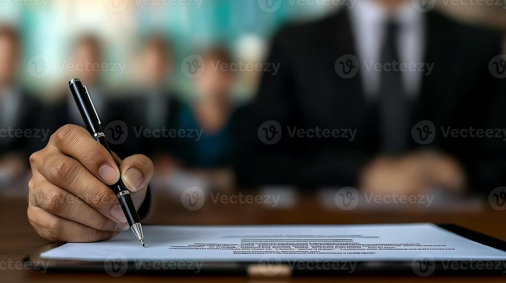 Business meeting in progress with a focus on a hand signing a document on a tablet photo