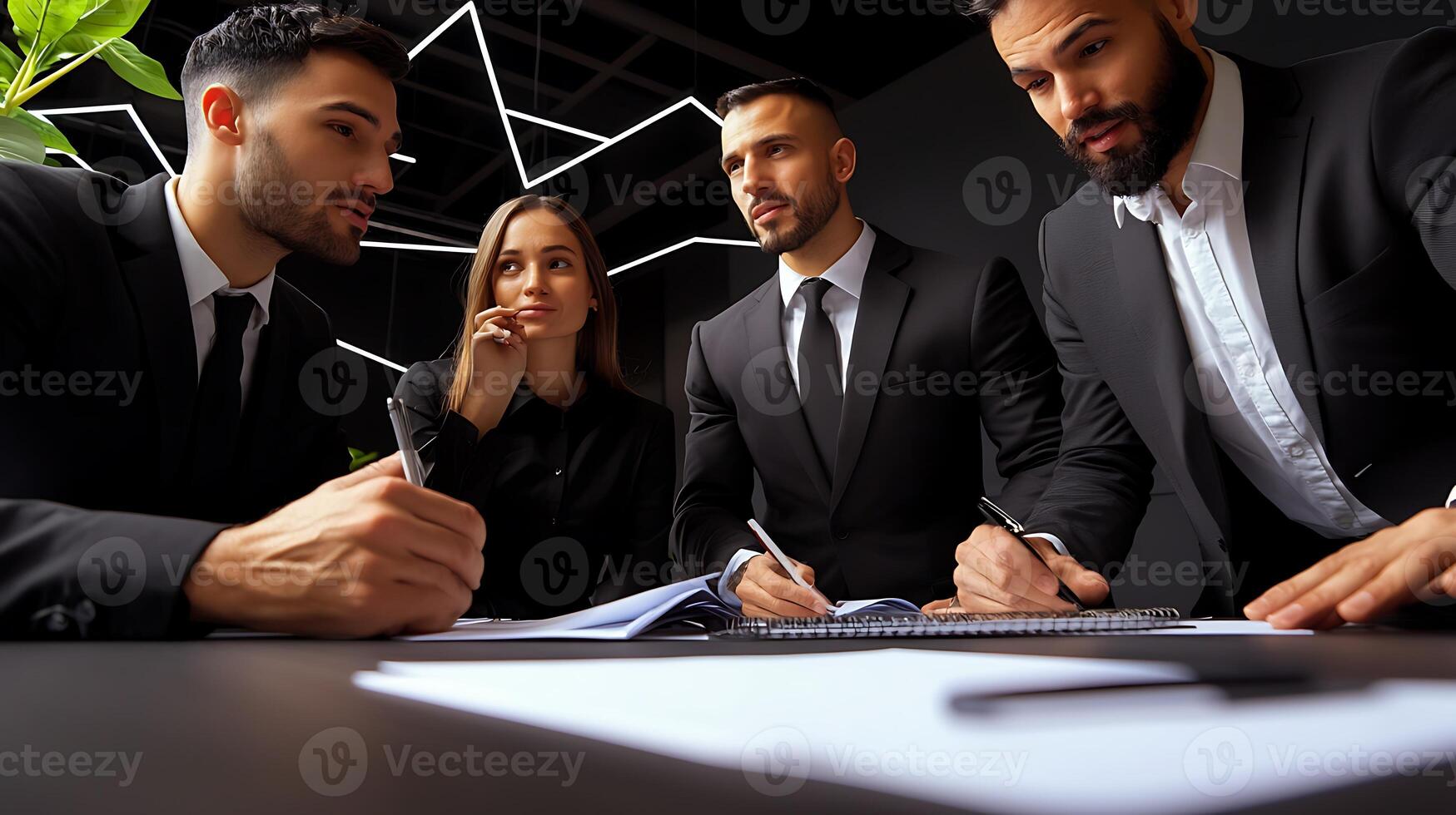Business meeting with four professionals discussing strategies in a modern office setting photo