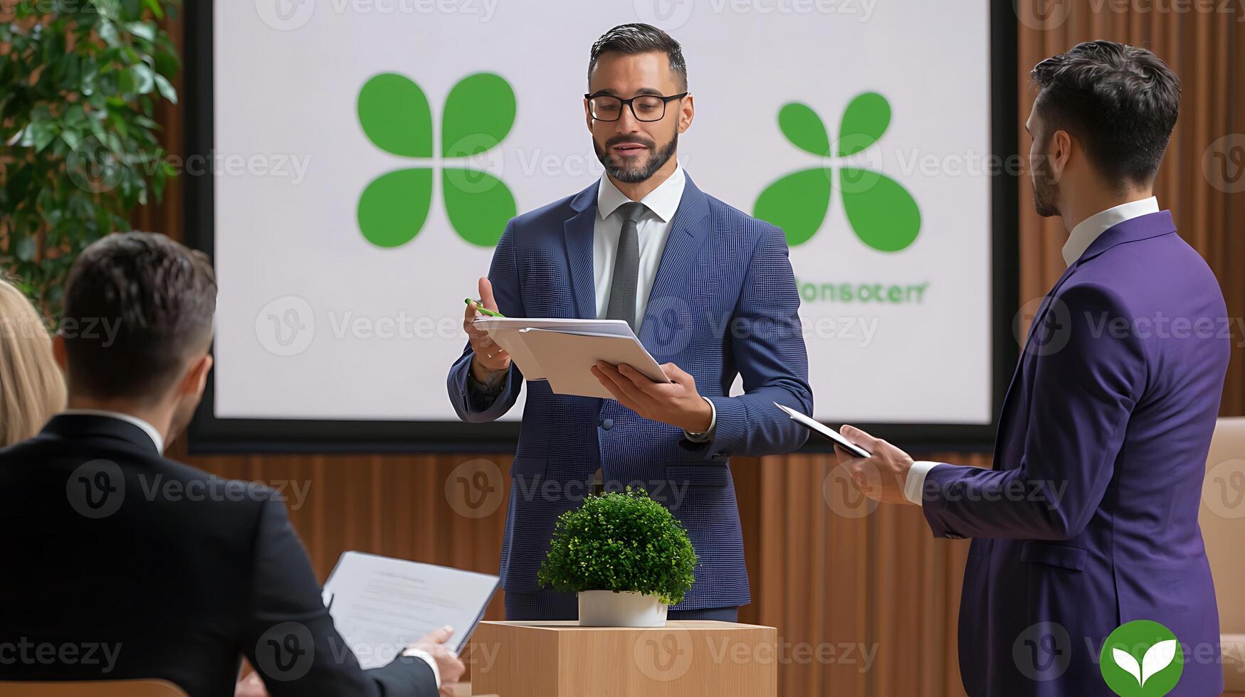 Business meeting with a presenter discussing strategies in a modern conference room setting photo