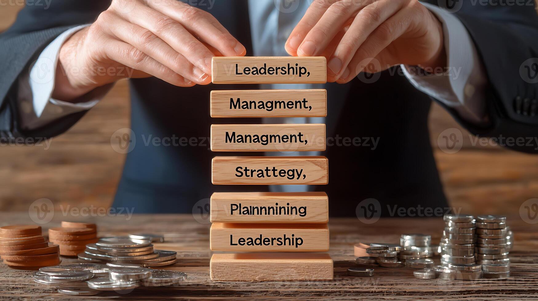 Business person stacking wooden blocks labeled with leadership and strategy concepts on a table photo