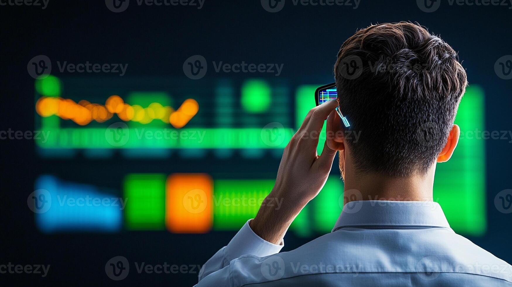 Business professional analyzing data trends on a digital screen in a modern office setting photo