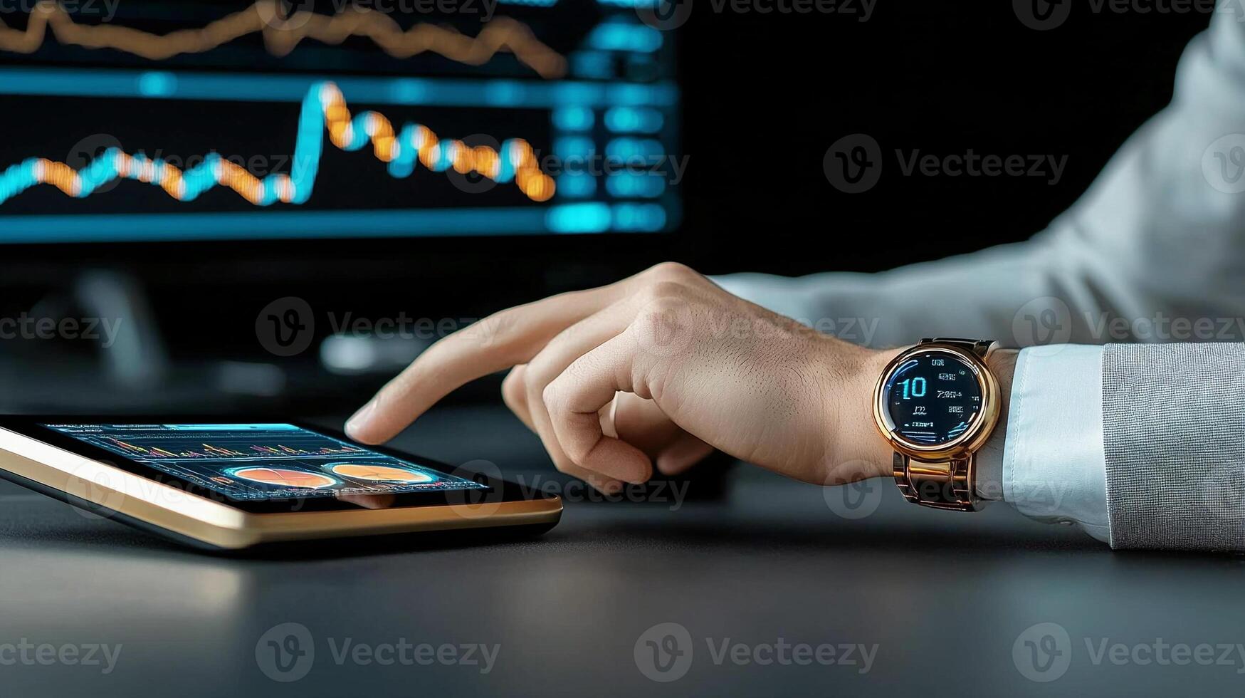 Business professional analyzing data on a tablet, with a monitor displaying charts in the background photo