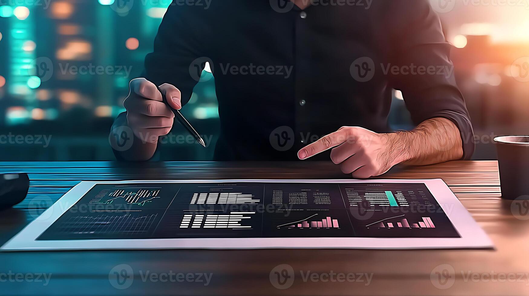 Business professional analyzing financial data on a digital tablet in a modern office setting photo