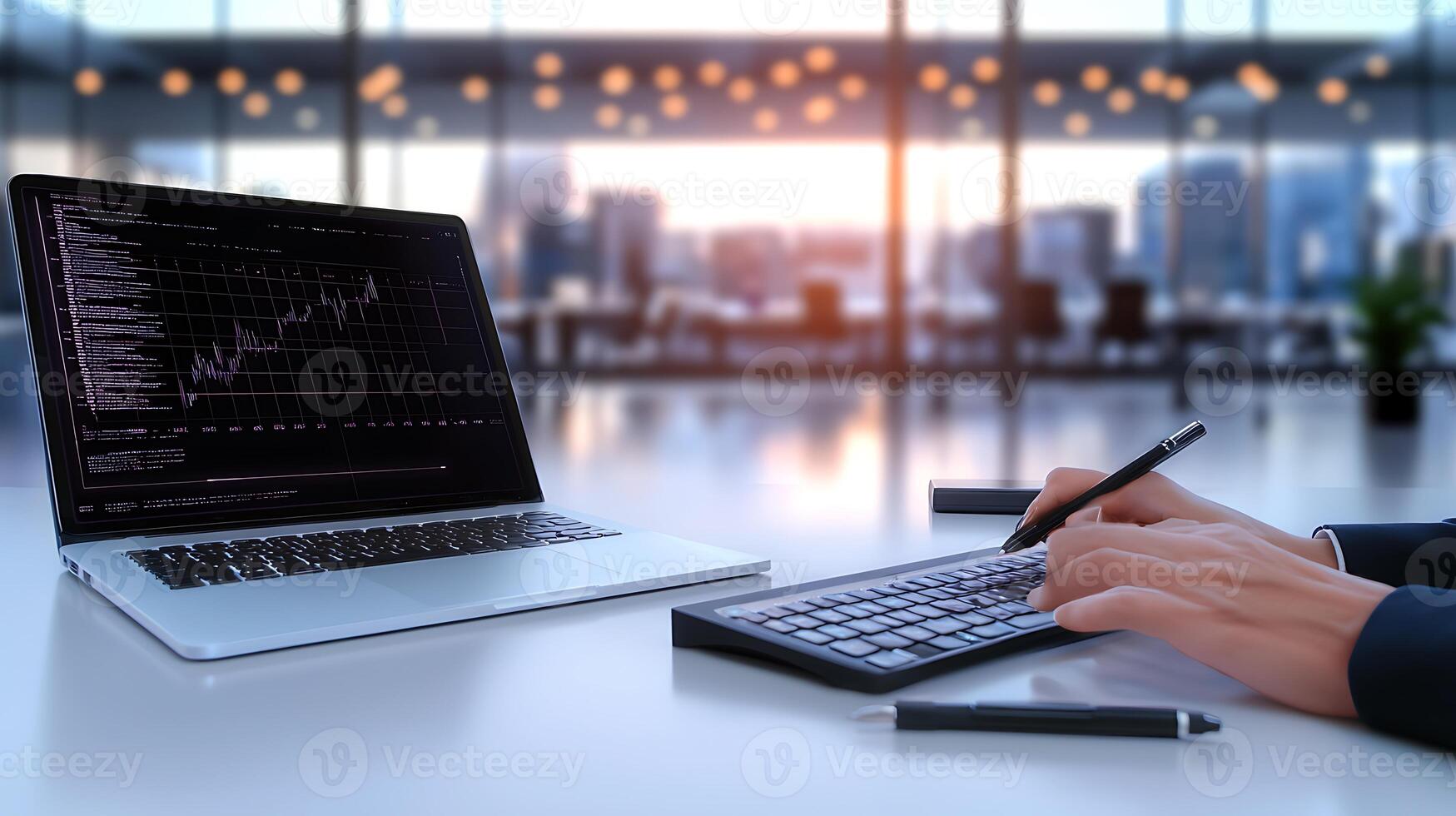 Business professional analyzing financial data on a laptop and calculator in a modern office setting photo