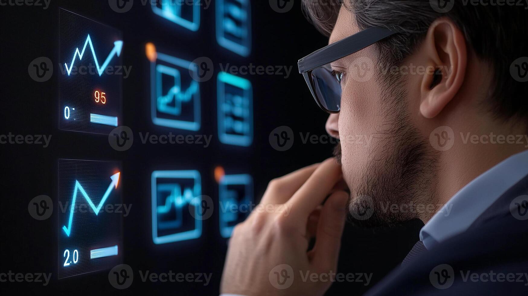 Business professional analyzing digital data trends on a futuristic interface in a modern office photo