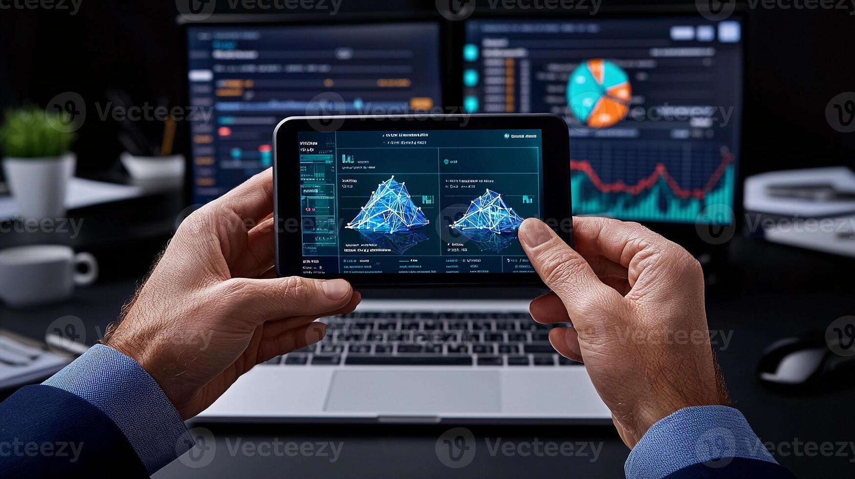 Business professional analyzing financial data on tablet in modern office with dual monitors photo
