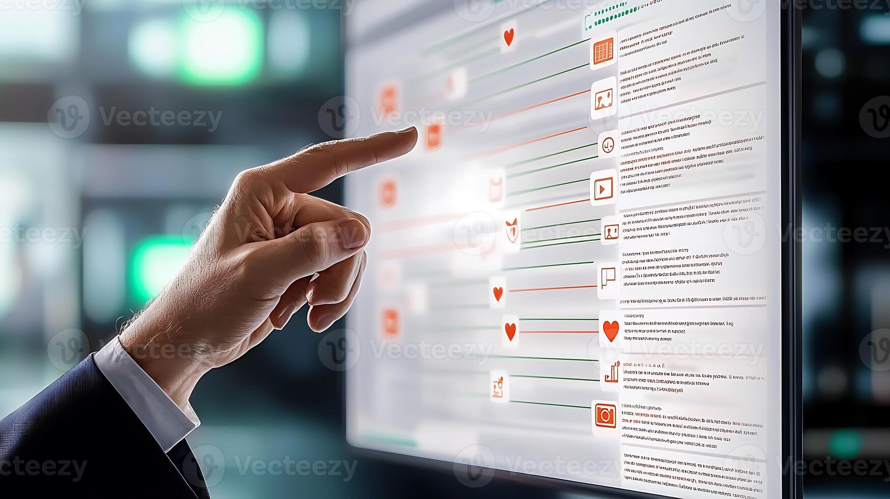 Business professional interacting with data visualization on a digital screen in a modern office photo