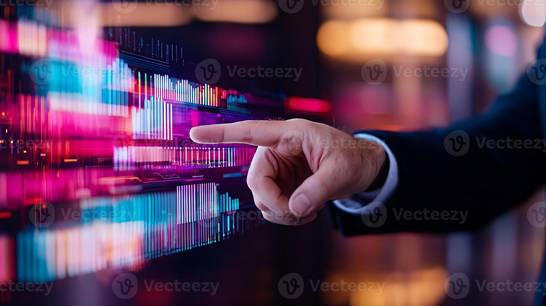 Business professional interacting with digital data visualization in a modern office setting photo