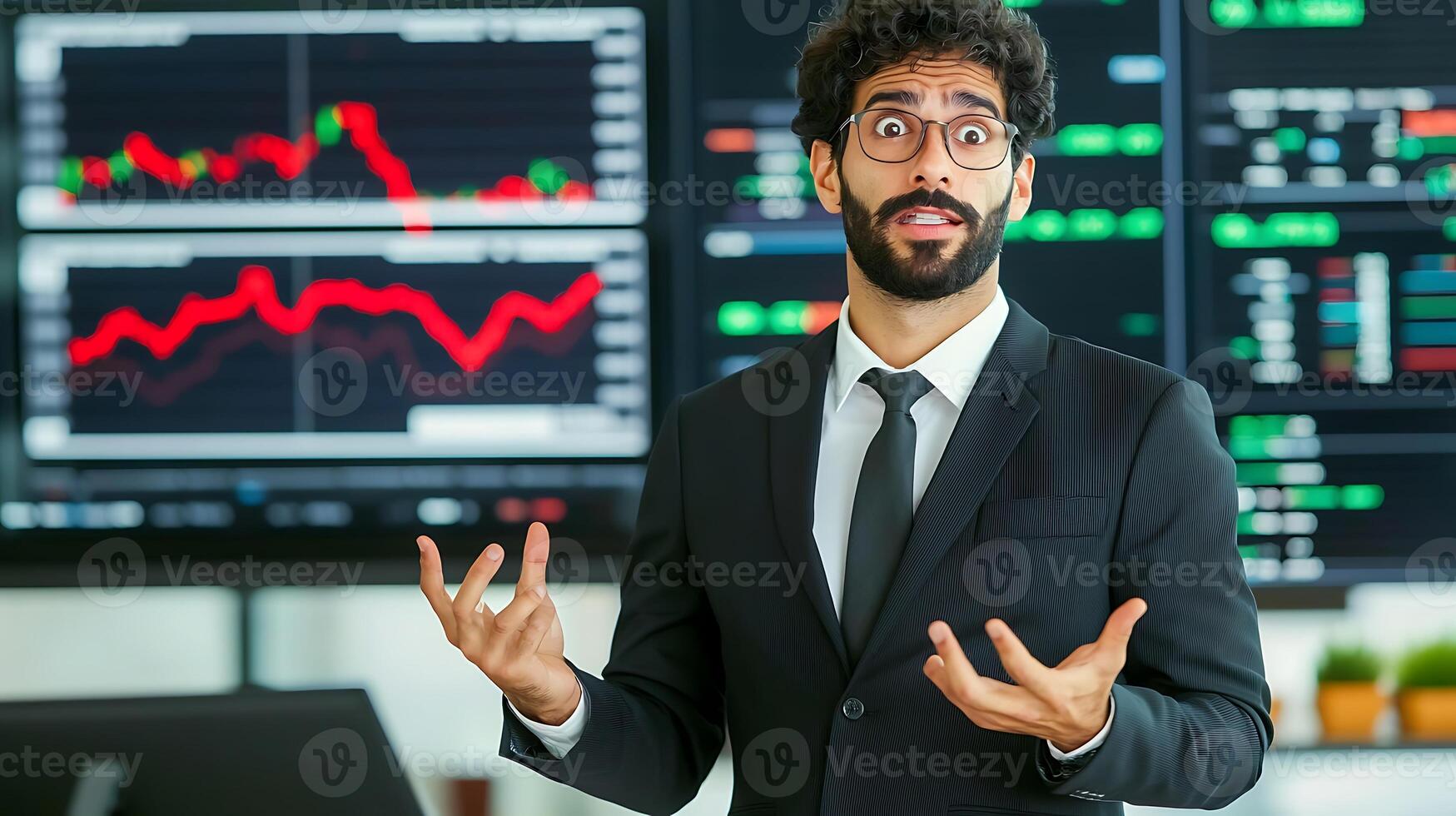 Business professional presenting financial data with stock market displays in background photo
