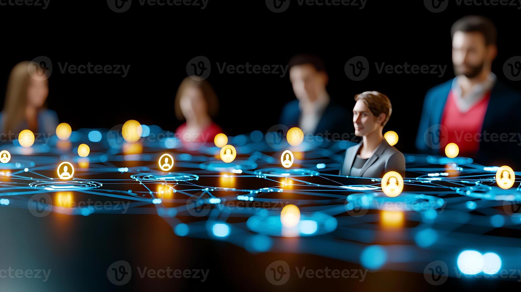 Business professionals engaged in digital networking, with glowing icons representing connections photo