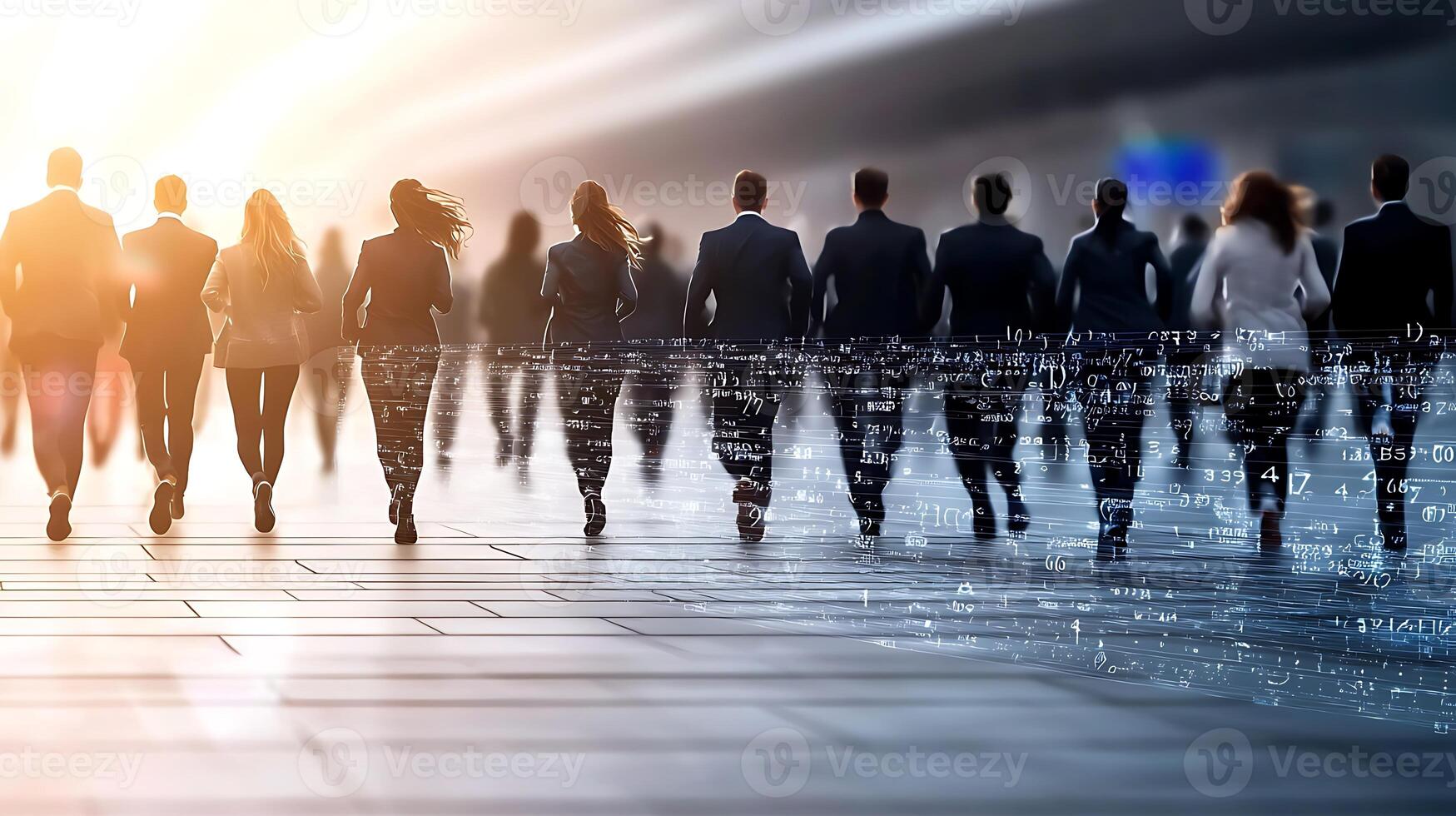 Business professionals walking towards a bright sunrise, with digital data overlay in the background photo
