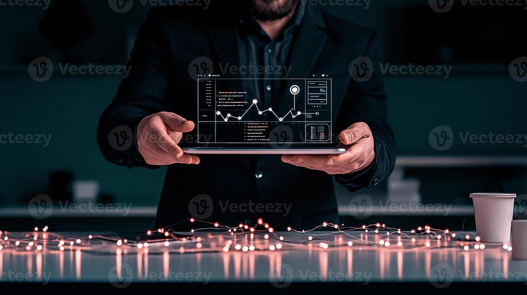 Business professional presenting data analytics on a tablet, with decorative lights in background photo