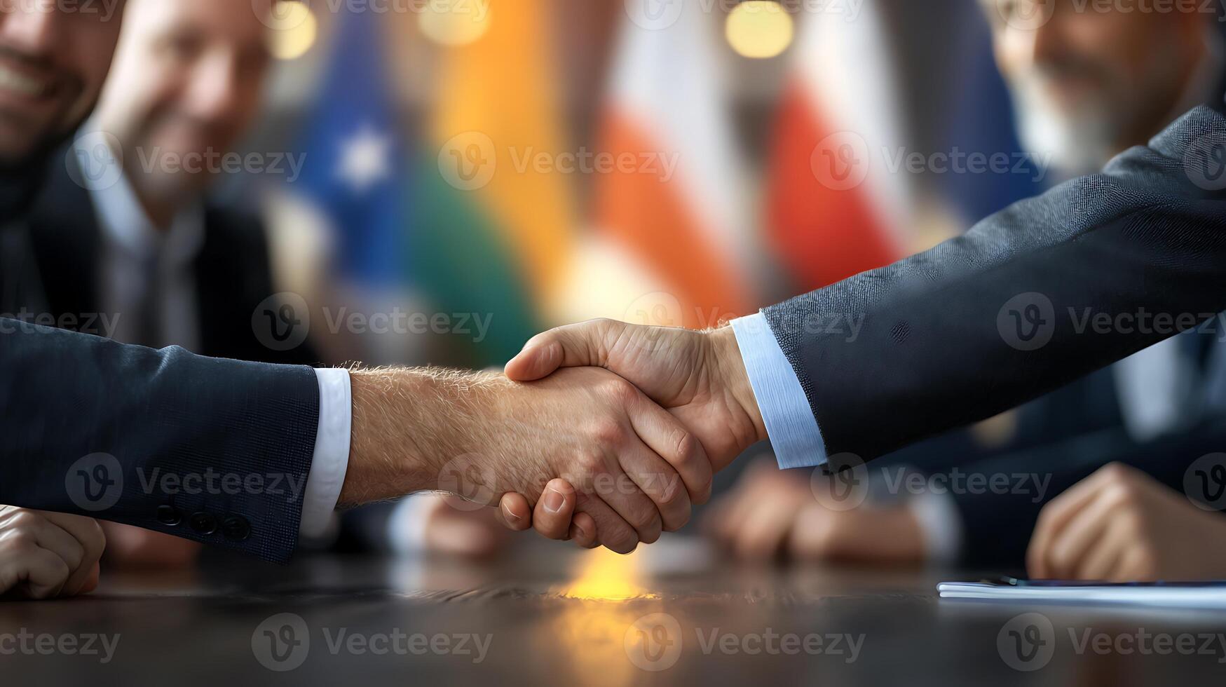 Business professionals shaking hands in a conference room with international flags in the background photo