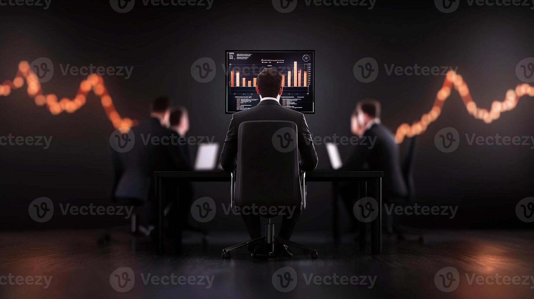 Business team analyzing financial data on multiple screens in a modern office setting photo