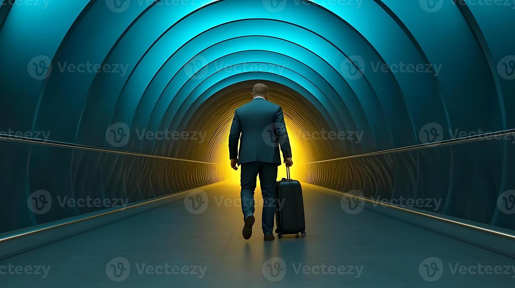 Business traveler walking through a futuristic tunnel with a suitcase, illuminated by blue and orange lights photo