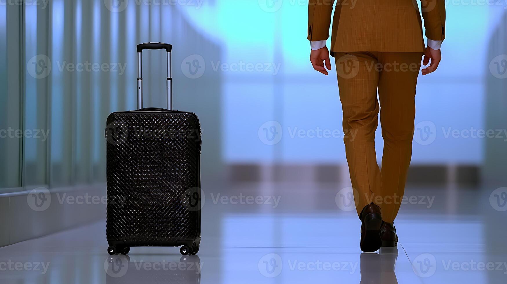 Business traveler walking through a modern airport terminal with a suitcase in tow 1 photo