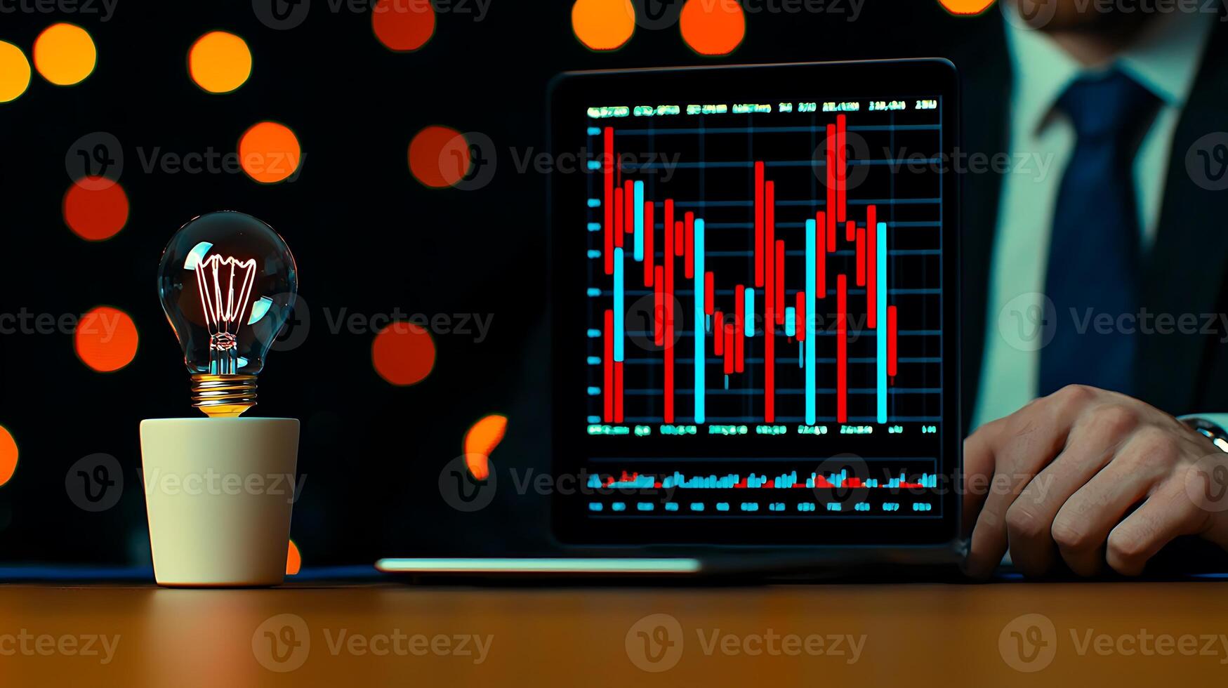 Businessman analyzing financial data on a tablet with a glowing light bulb in a bokeh background photo