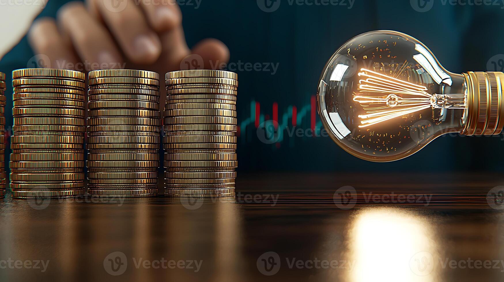 Businessman analyzing financial growth with stacked coins and a glowing light bulb on a desk photo