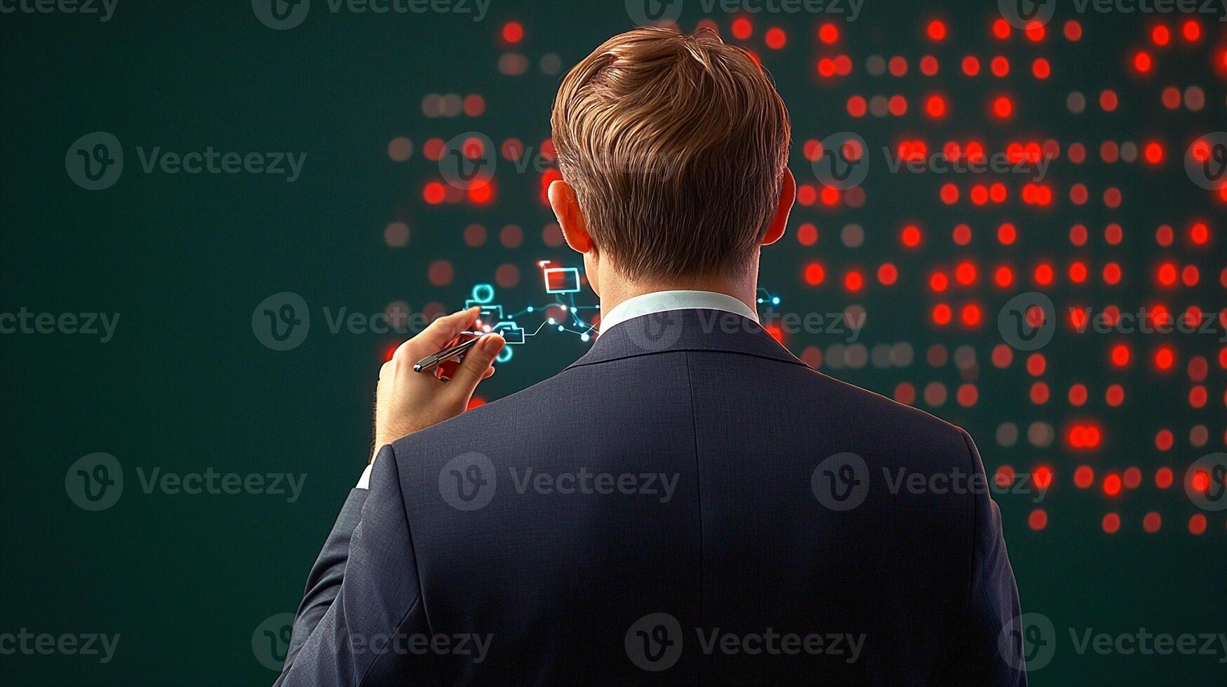 Businessman analyzing digital data on a futuristic interface in a modern office setting photo