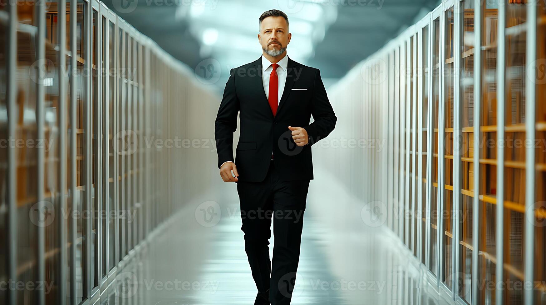 Businessman confidently walking through a modern office corridor, showcasing professionalism and focus photo