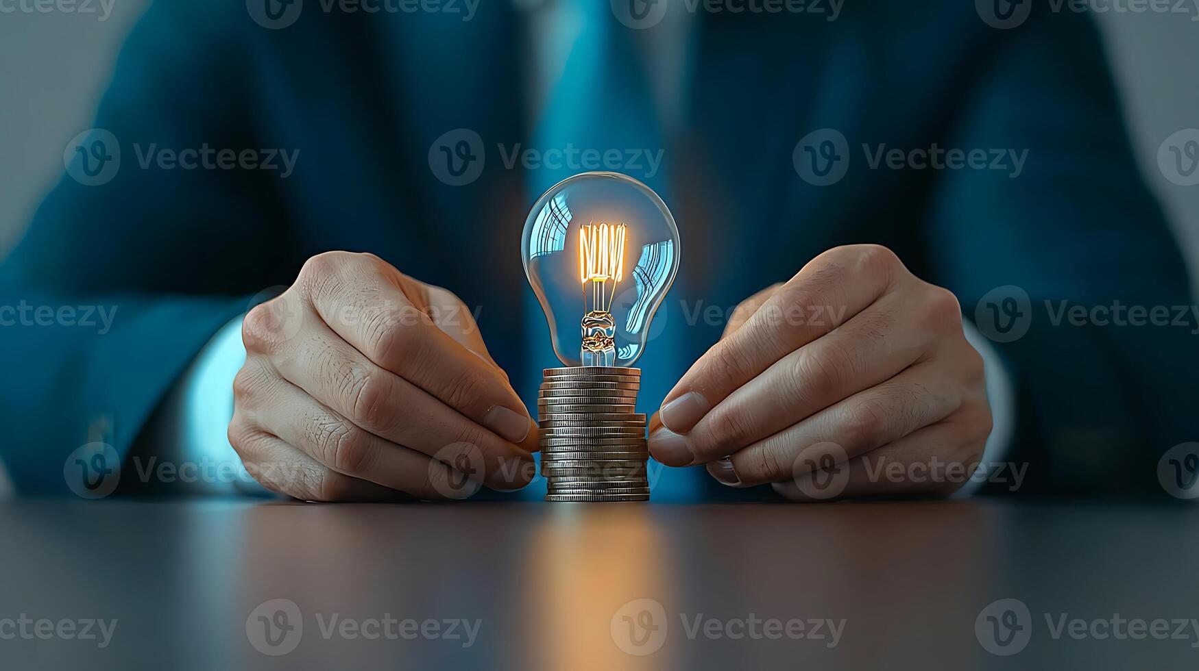 Businessman holding a glowing light bulb above a stack of coins, symbolizing innovative finance ideas photo