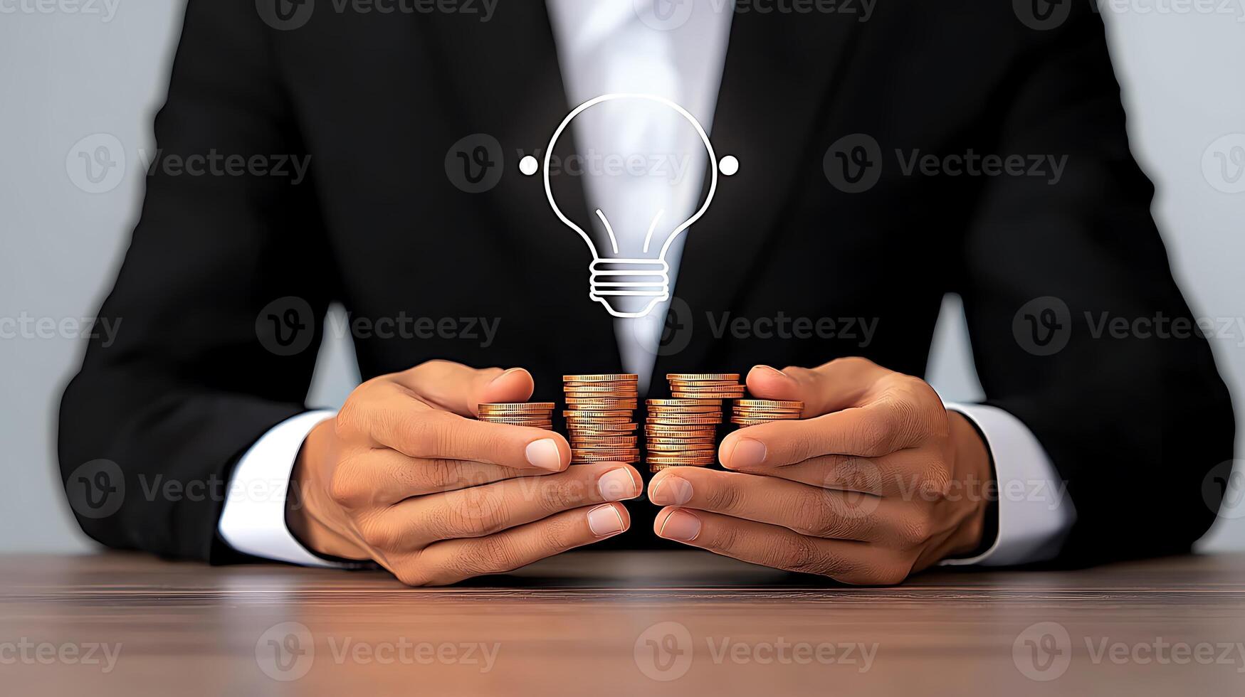 Businessman holding coins with light bulb symbolizing investment ideas and innovation photo