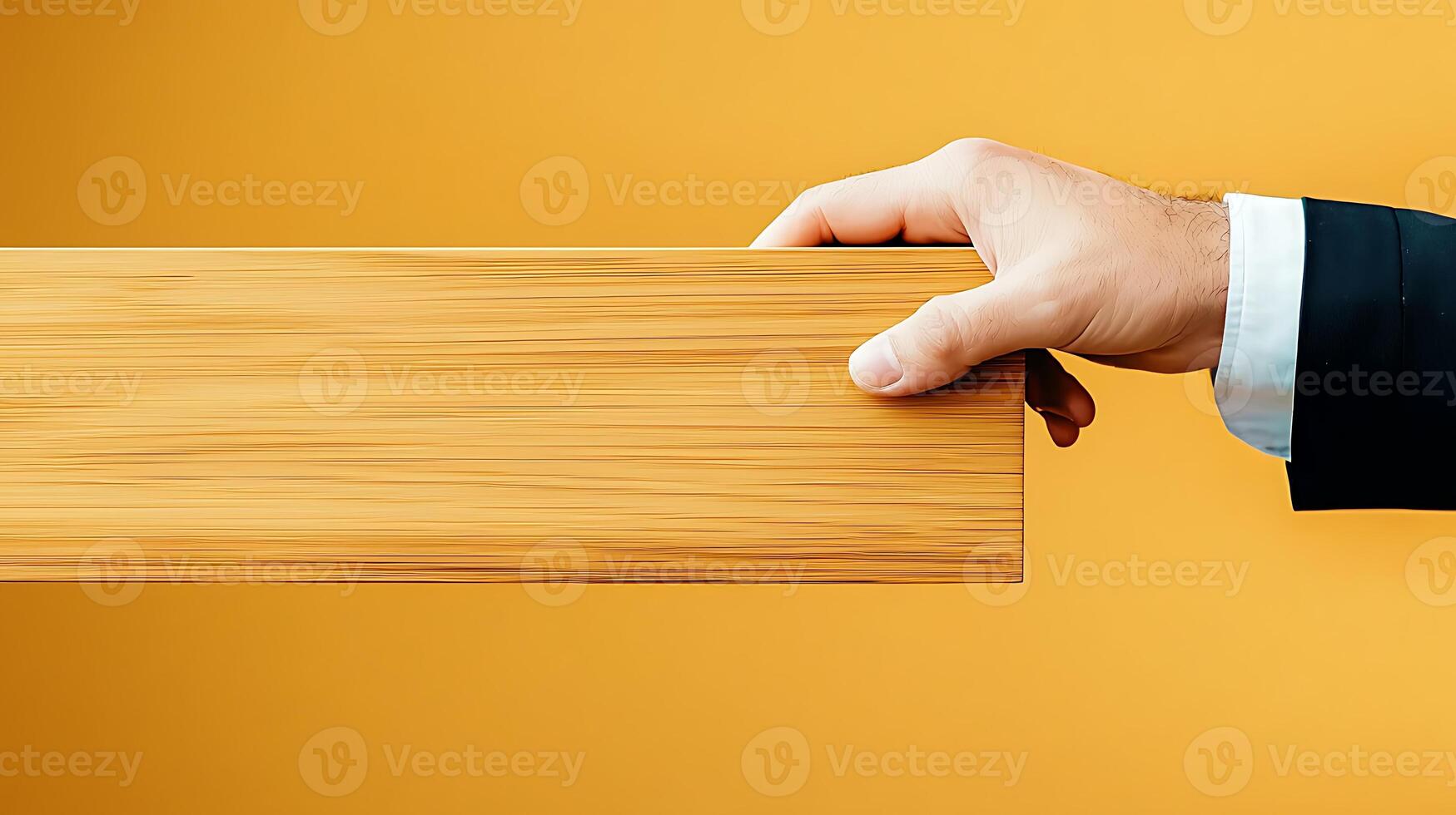 Businessman holding a wooden plank against a vibrant orange background, showcasing craftsmanship photo
