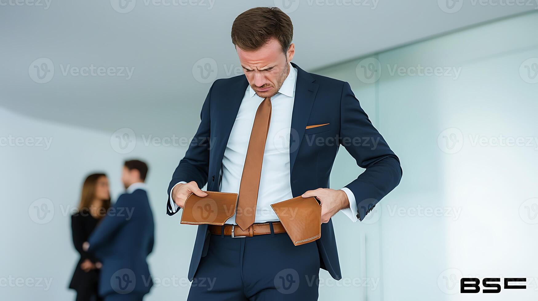 Businessman in a suit checking his empty wallet in a modern office setting with colleagues photo