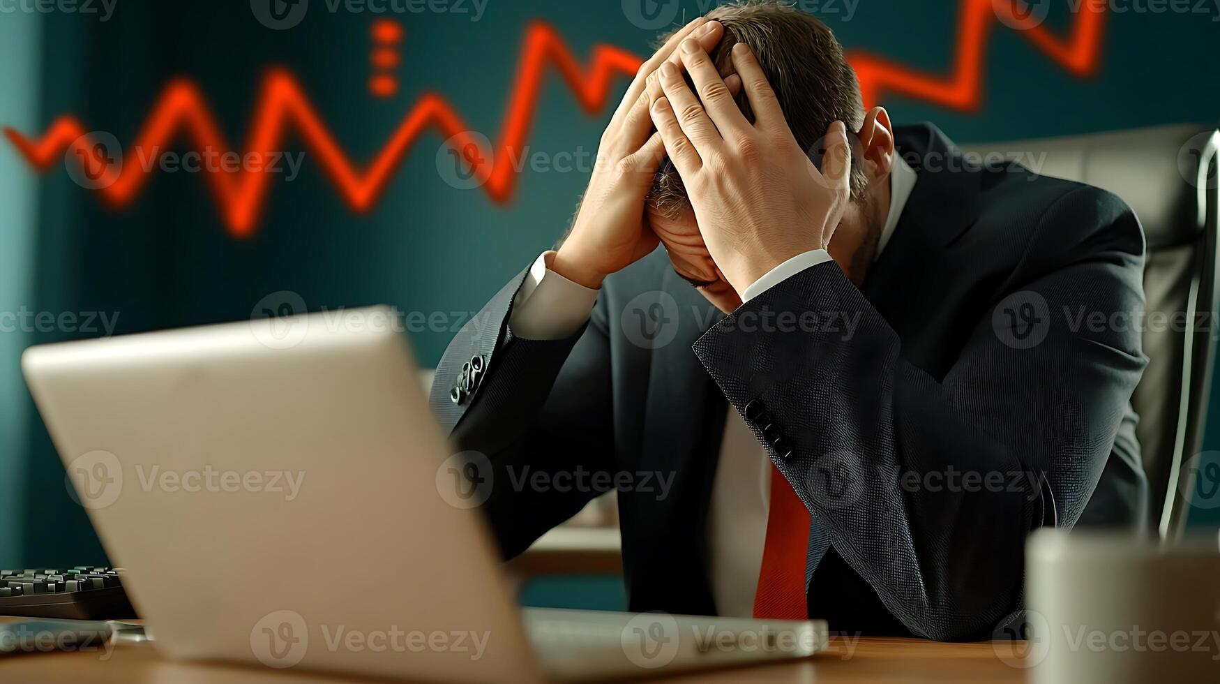 Businessman in a suit showing signs of stress while working on a laptop in a modern office photo