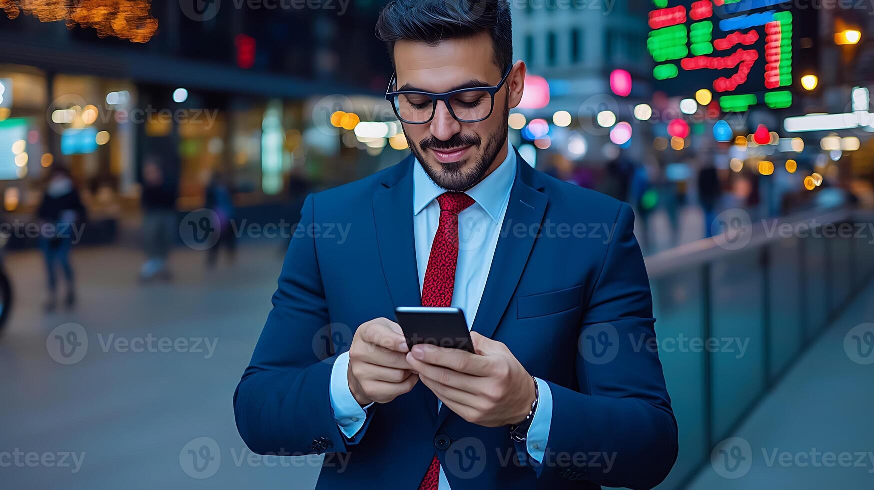 Businessman in a suit using a smartphone on a bustling city street with vibrant lights photo