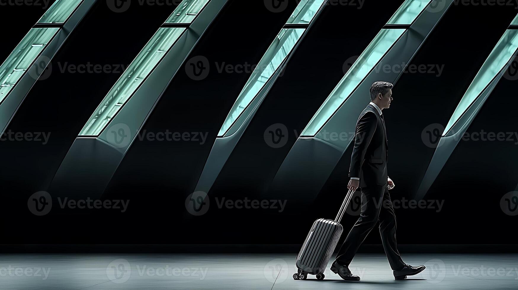 Businessman in a suit walking with a suitcase in a modern, sleek architectural environment photo