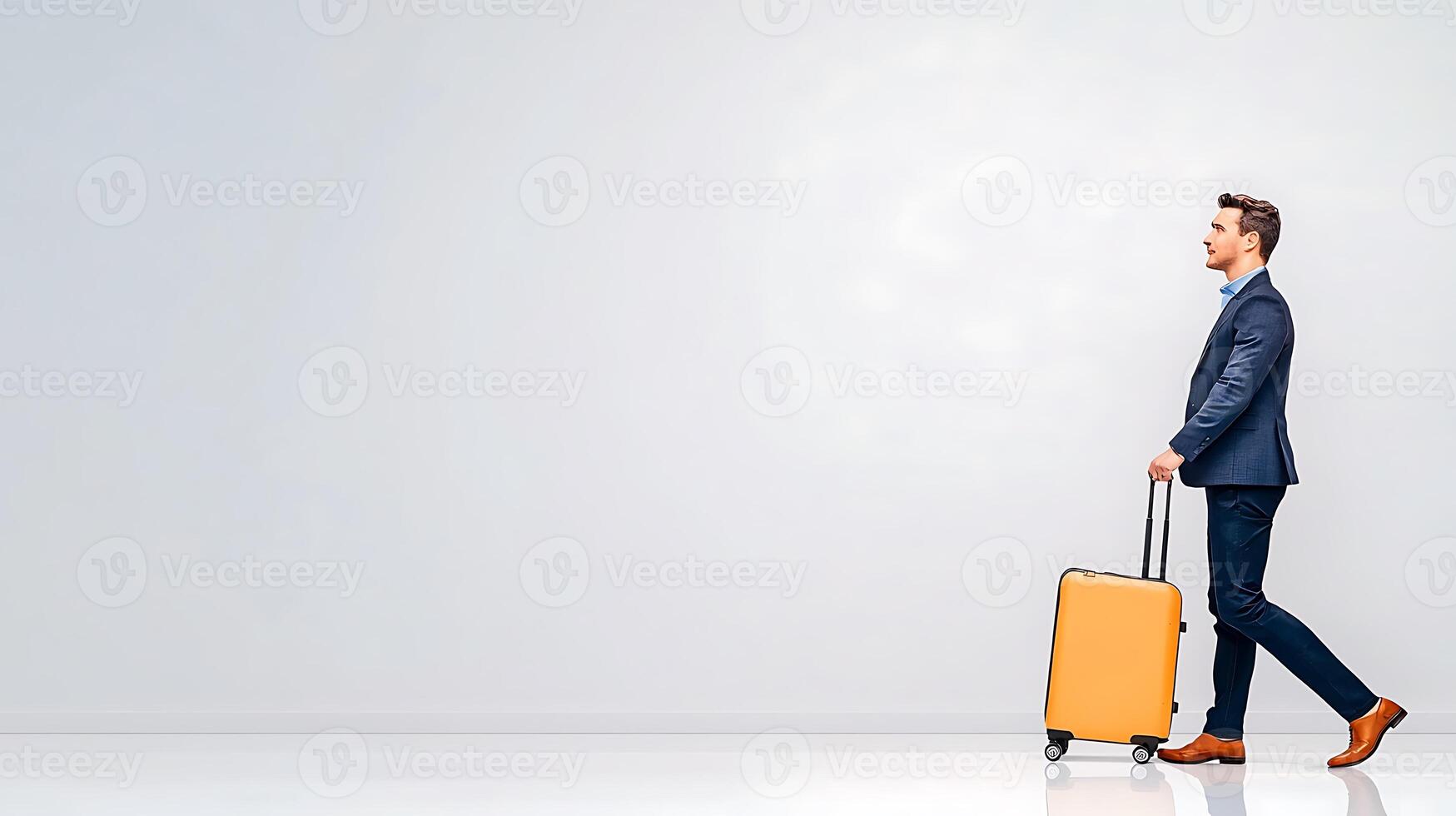 Businessman in a suit walking with a yellow suitcase in a minimalist, bright space photo
