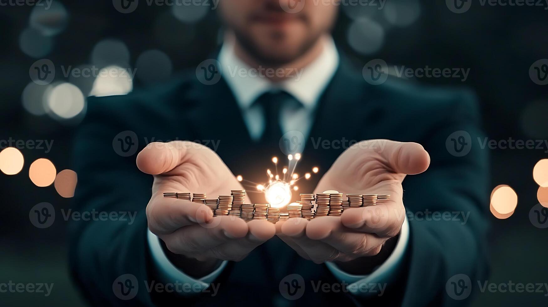 Businessman in suit holding coins with spark in hands, surrounded by blurred lights at dusk photo