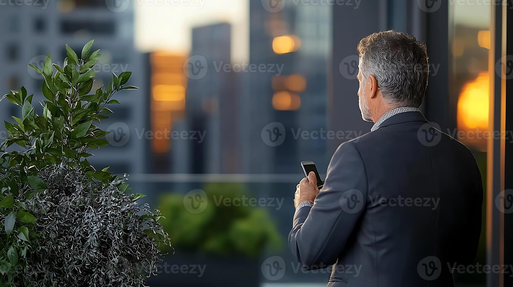 Businessman in suit using smartphone on balcony with city skyline and sunset in background photo