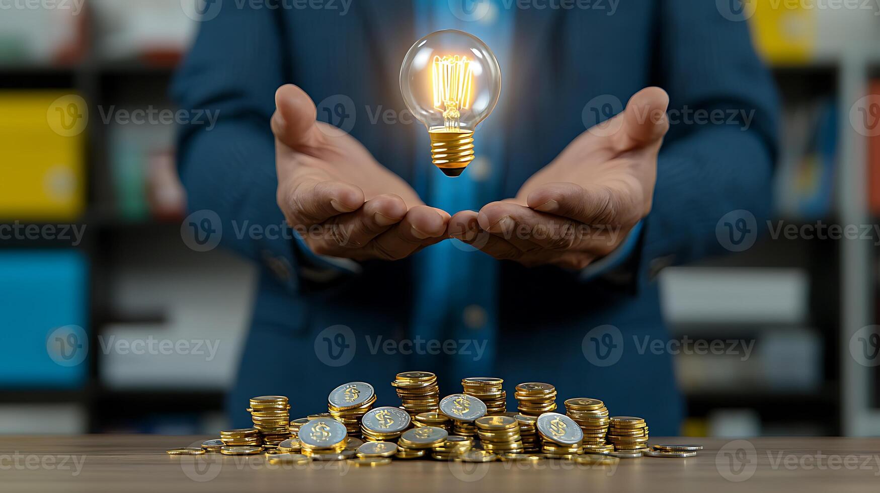 Businessman presenting a glowing light bulb above a pile of coins in a modern office setting photo