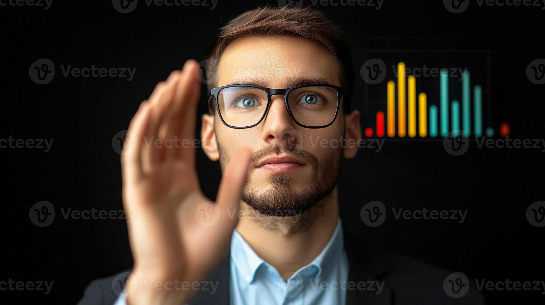 Businessman interacting with digital graphs in a dark office setting, showcasing data analysis photo