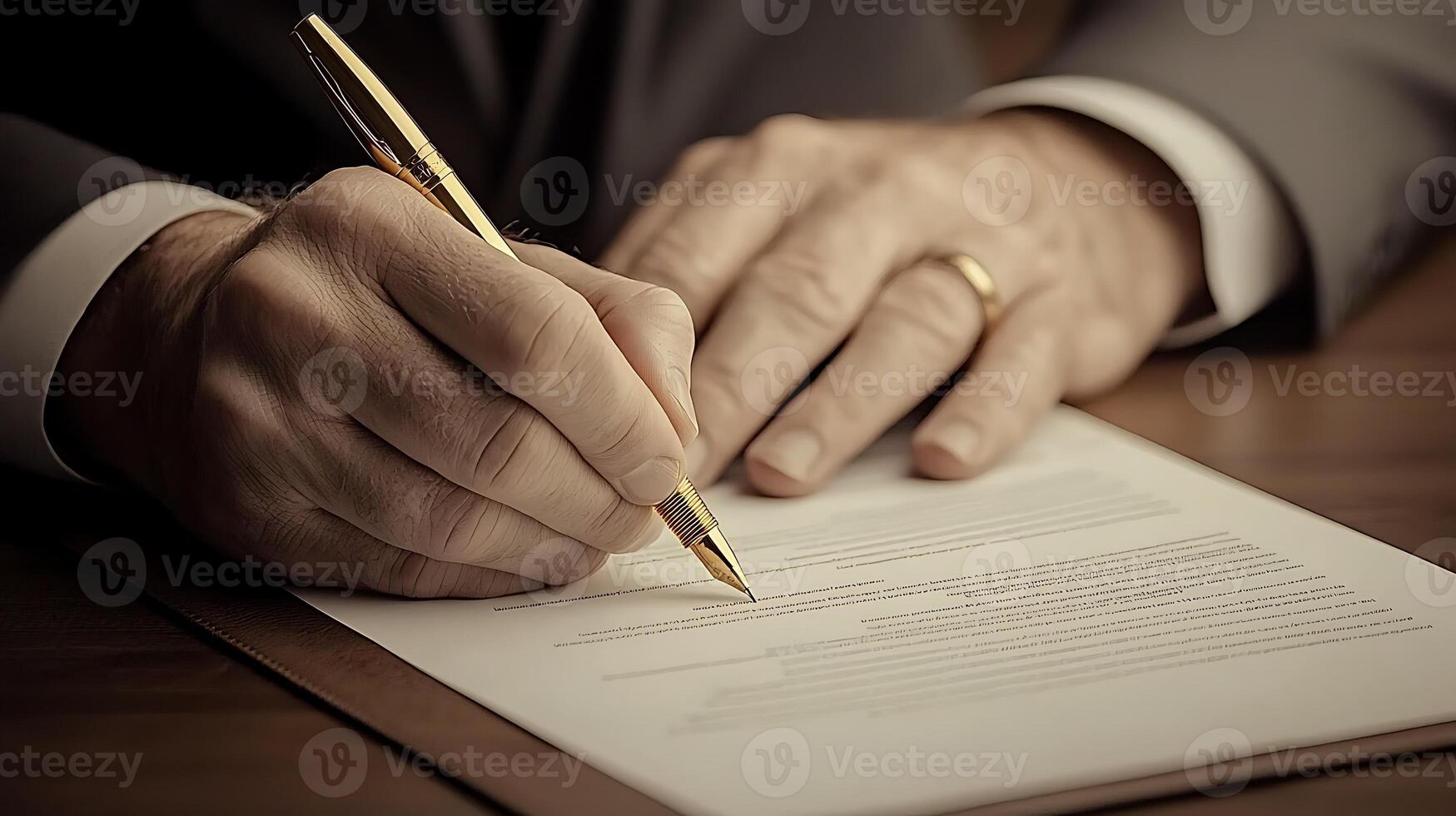 Businessman signing a formal document at a wooden desk, with a pen in hand and focused expression photo