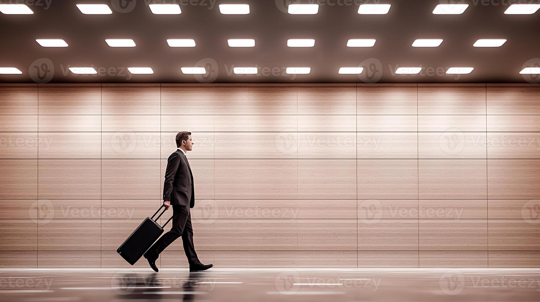 Businessman walking confidently in a modern corridor with wooden walls and bright lighting photo