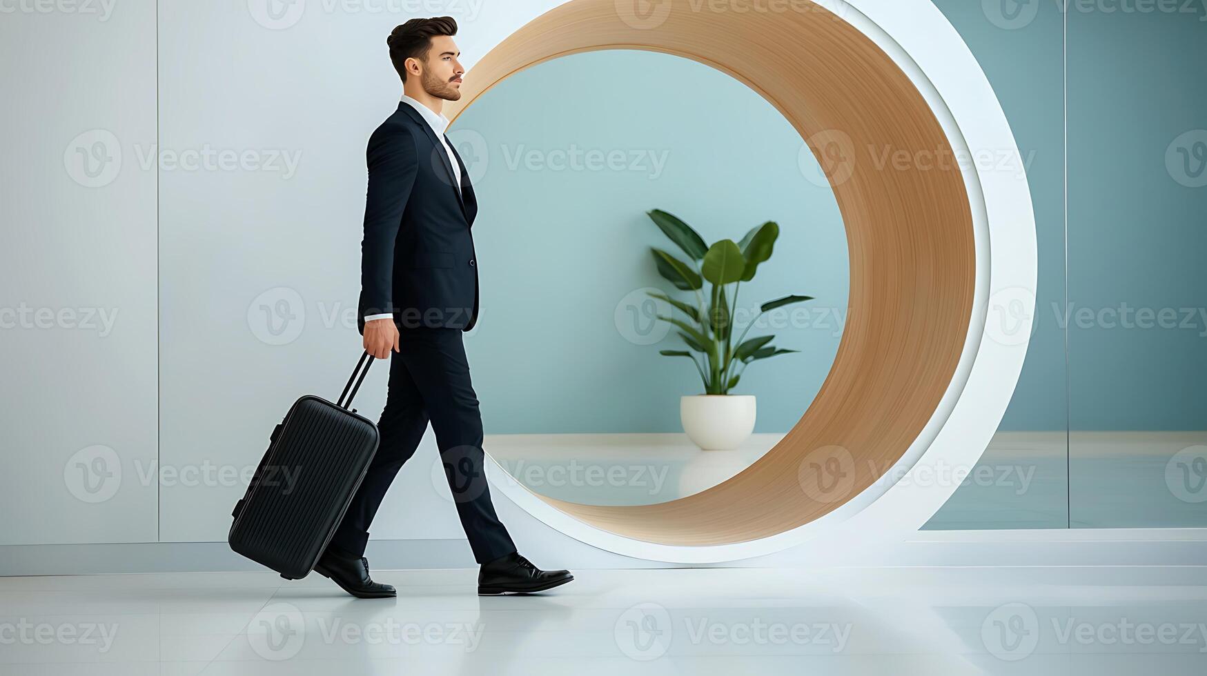 Businessman walking with a suitcase in a modern office setting with a circular design feature photo