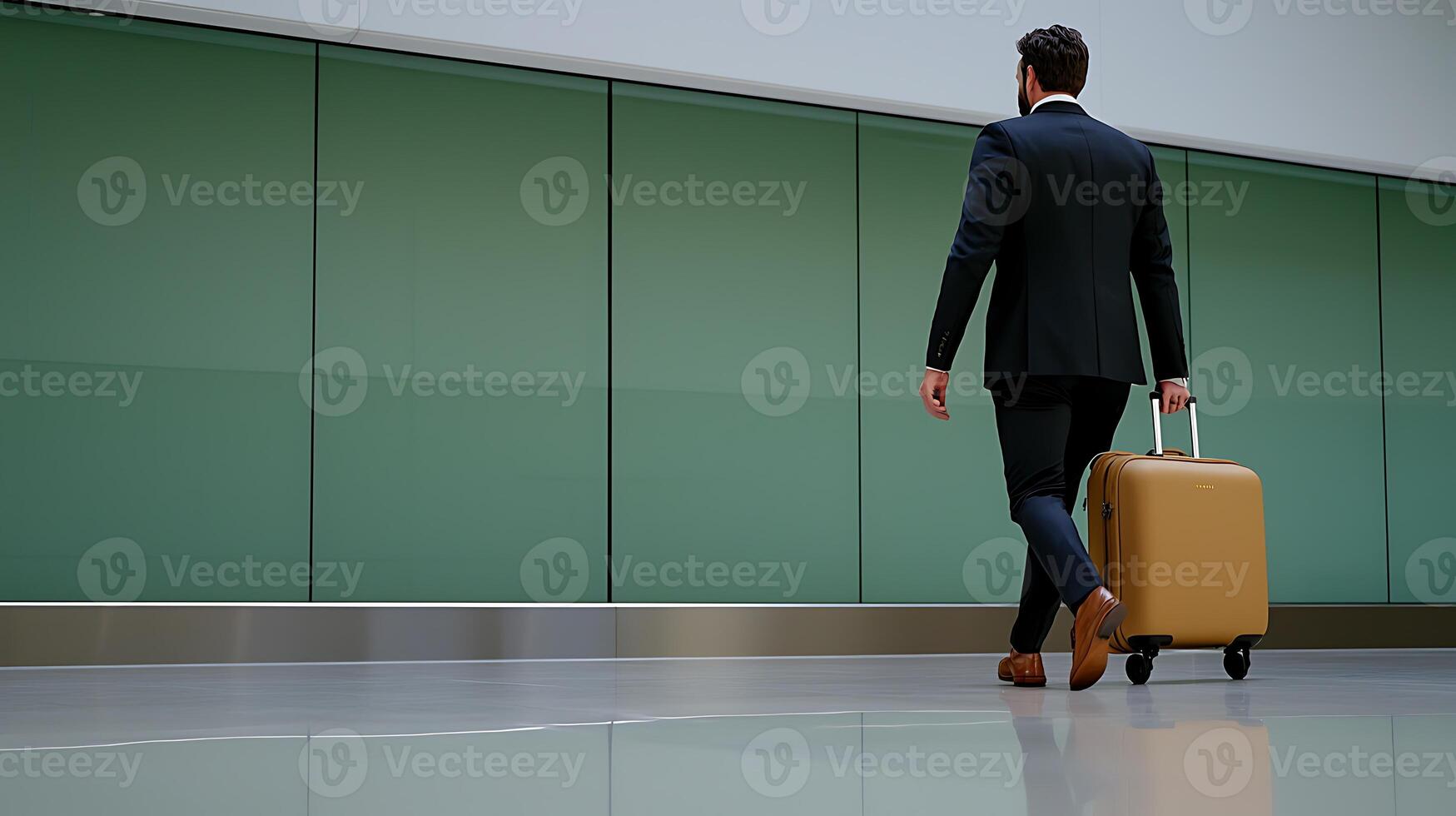 Businessman walking with a suitcase in a modern airport terminal with glass walls photo
